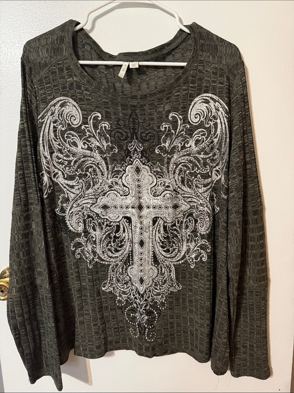 Cato Dark Gray Long Sleeve Top with White Ornate Cross